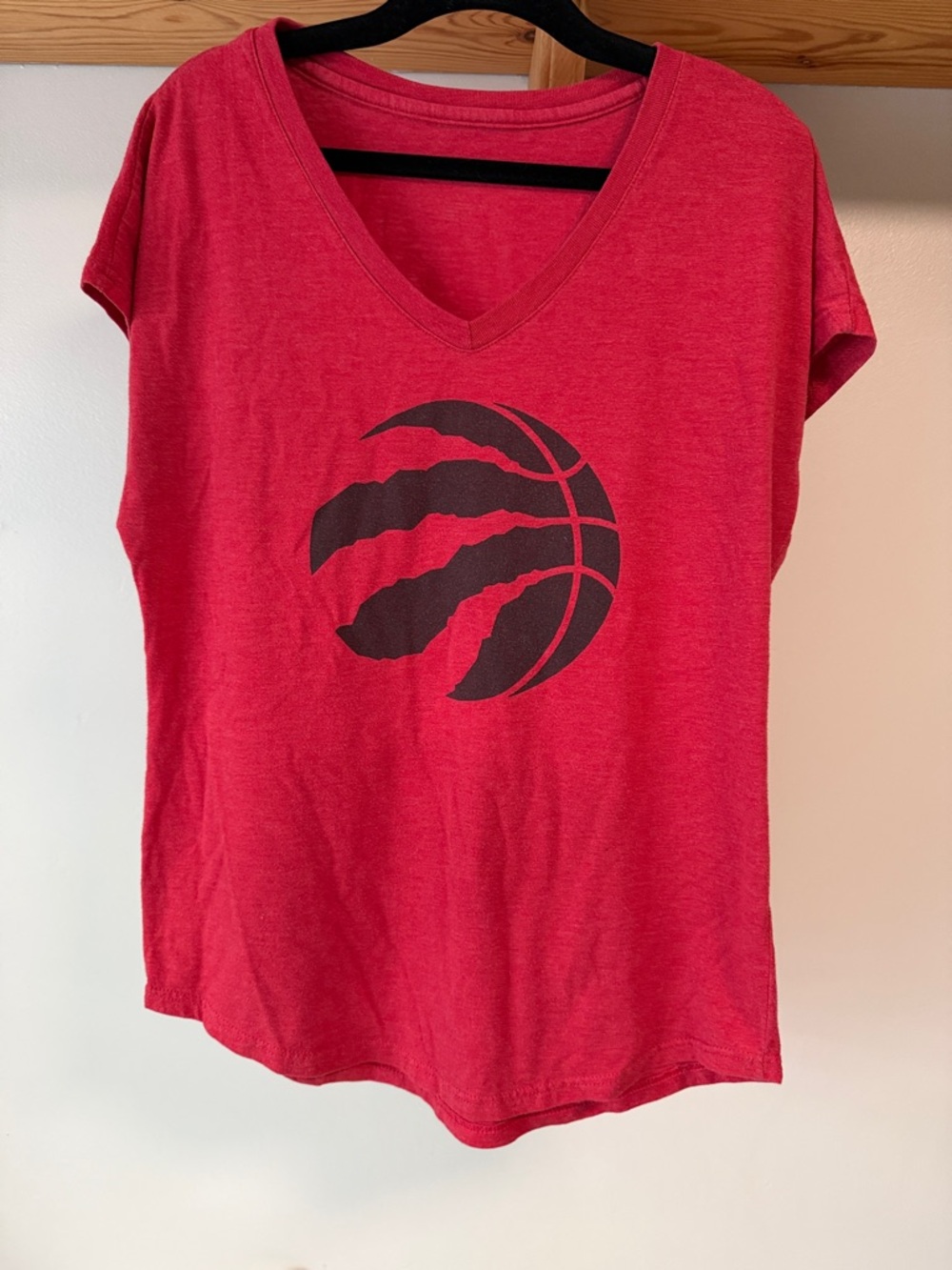 Red V-Neck Tee with Black Basketball Claw Graphic